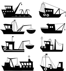 Fishermen boats trawlers set isolated Vectors Silhouettes