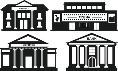  Exterior of city buildings flat vector Silhouettes