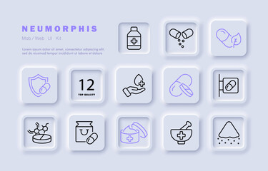 Medicines set icon. Pill, leaf, shield, immunity, hand, prescription, drugstore signboard, healing ointment, mortar, pestle, formula. Healthcare concept. Neomorphism. Vector line icon for Business