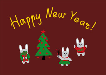 Vector illustration, New Year card template. Funny hares near the Christmas tree.