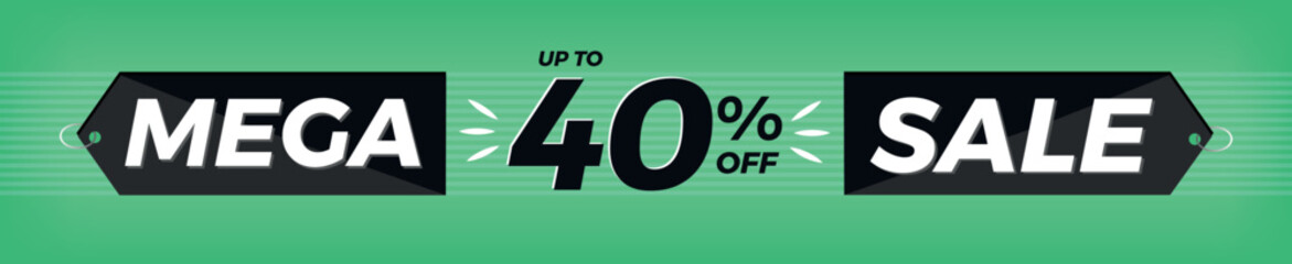 40% off. Horizontal green banner. Advertising for Mega Sale. Up to thirty percent discount for promotions and offers.