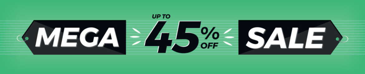 45% off. Horizontal green banner. Advertising for Mega Sale. Up to forty-five percent discount for promotions and offers.