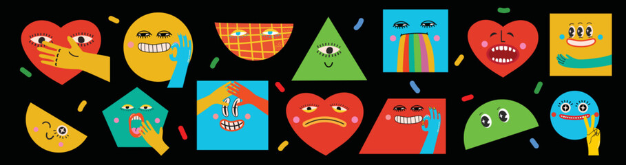 Fototapeta na wymiar Collection of Round, Square, Triangular and heart shape abstract comic Faces with various Emotions. Crazy Abstract comic geometric shape elements and faces. Vector Illustration