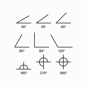 Geometric angles. Vector illustration. Degrees, 30, 35, 45, 60, 90, 120, 180, 270, 360. Draw, drawing, pencil, acute, obtuse, circle. Geometry concept. Vector line icon for Business and Advertising