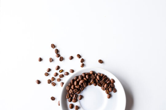 coffee bean on white table background. top view. space for text
