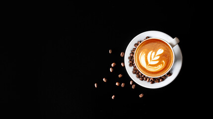 cup of coffee and bean on black table background. top view