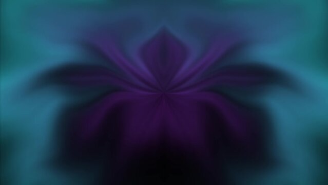 Violet and cyan beams of light emerge from the center of the frame and are distorted to form a stylized flower. Animated background video. Endless cycle. The loop.