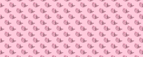 Banner of pink alarm clocks with shadow on pink background. Set. Seamless texture pattern. 3D illustration. Long shadow from the summer sunshine.