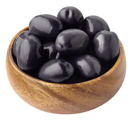 Wooden bowl with black olives, isolated on white background