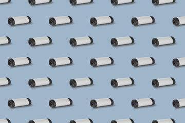 Horizontal seamless pattern. Rolls of garbage bags isolated on blue background. On the roll white copy space.