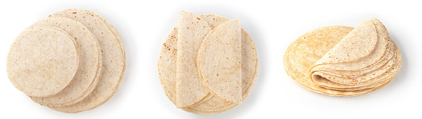 Set of corn tortillas on white background. Mexican food.
