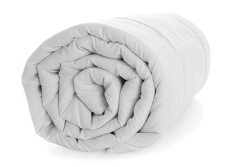 Rolled clean blanket isolated on white. Household textile