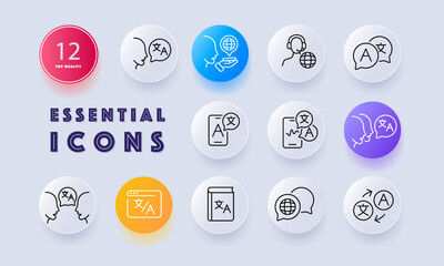 Translation service set icon. Talk, translator, interpreter, foreign language, planet, operator, phone, voice input, dictionary, vocabulary. Communication concept. Neomorphism style. Vector line icon