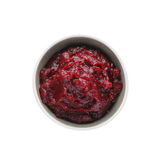 Delicious beetroot puree in bowl isolated on white, top view. Healthy food