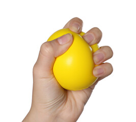 Woman squeezing antistress ball on white background, closeup