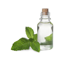 Bottle of essential oil and mint on white background