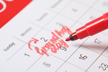 Marking date February 2nd in calendar, closeup. Groundhog day