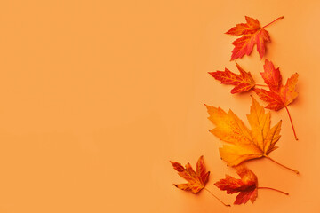 Naklejka na ściany i meble Dry autumn leaves on light orange background, flat lay. Space for text