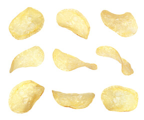 Set of fried crispy potato chips on white background