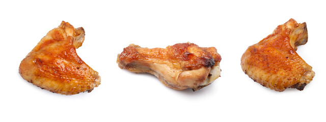 Set with tasty roasted chicken wings on white background. Banner design