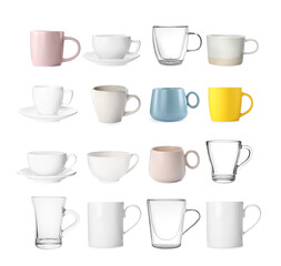 Set with different beautiful cups on white background