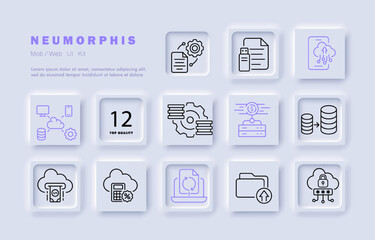 Digital file management set icon. Settings, cloud storage, finances, calculator, laptop, backup, folder, database, flashdrive, phone, lock, password. Business concept. Neomorphism. Vector line icon