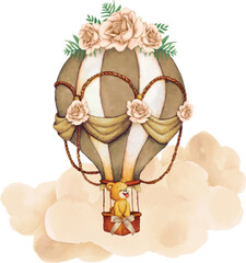 illustration of teddy bear in beige hot air balloon © Miss Helena