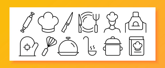 Kitchen utensils set icon. Cookbook, saucepan, ladle, cloche, whisk, oven mitt, apron, chef, plate, fork, knife, cap, rolling pin. Cooking concept. Vector line icon for Business and Advertising