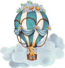 illustration of teddy bear in blue hot air balloon © Miss Helena
