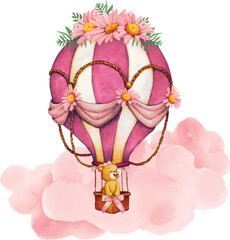 illustration of teddy bear in pink hot air balloon © Miss Helena