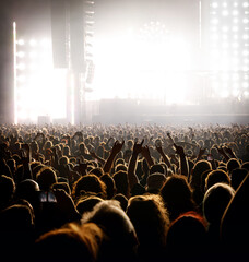 People with raised hands at a music concert. Fans in concert hall.