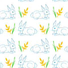 Seamless pattern with rabbit and plants hand drawn with colored pencils