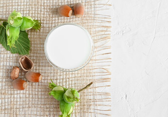 Hazelnut non dairy milk and hazelnuts top view. This milk is an excellent source of antioxidants, phytosterols and heart-healthy fats and supports and improves the elasticity of vascular walls