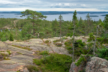 View of Baltic sea and gulf of Bothnia from the top of the rock in Skuleskogen national park, Sweden. Hiking along the High Coast trail, Hoha Kustenleden.