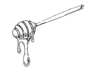 Icon for Honey Spoon. Sketch of wooden Stich with syrup drip. Hand drawn etching. Vector illustration in doodle style - obrazy, fototapety, plakaty