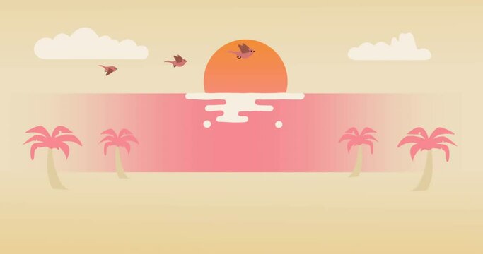 Animation of sun over water, palm trees and clouds on beige background