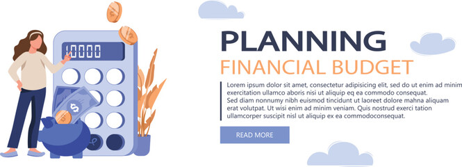 Planning financial budget isolated banner. Accounting analysis and savings. People scene in flat design. Vector illustration for blogging, website, mobile app, promotional materials.
