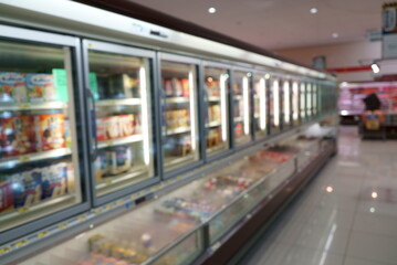 Blurred image of frozen food section in Supermarket