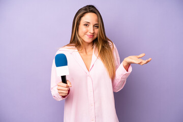 pretty caucasian woman feeling puzzled and confused and doubting. journalist and microphone concept