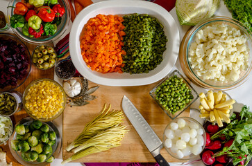 fresh vegetables on a table, ready to prepare fiambre, a traditional festival dish for All Saints Day 