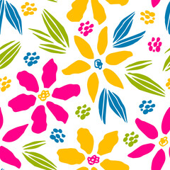 Bright floral vector seamless pattern. Pink, yellow flowers, green, blue leaves on a white background. For fabric prints, textiles, clothing. Spring-summer collection.