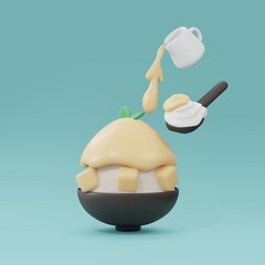 3D Rendering of mango bingso asian korean shaved ice desert for summer refreshing. 3d render cartoon style.