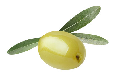 Single green olive with leaves, isolated on white background