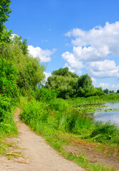 Dnepr River. Ukraine. A picturesque trail in the Obolonsky district of the city of Kyiv,