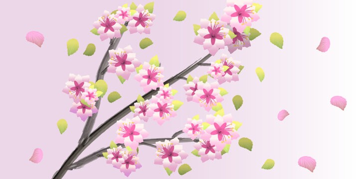 A branch with cherry blossoms, green and pink petals, on a gradient pink background. Vector illustration, isolated.