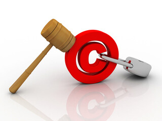 

3d illustration copyright symbol concept lock near hammer