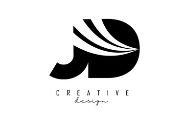 Creative black letters JD j d logo with leading lines and road concept design. Letters with geometric design.