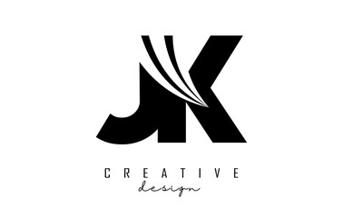 Creative black letters JK j k logo with leading lines and road concept design. Letters with geometric design.