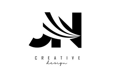 Creative black letters JN j n logo with leading lines and road concept design. Letters with geometric design.