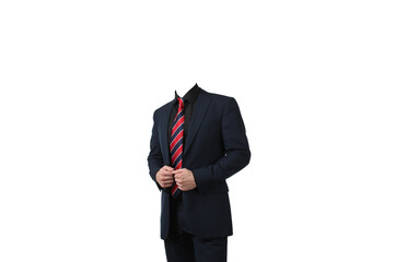 Portrait of headless young confident businessman in a black business suit and striped red tie...